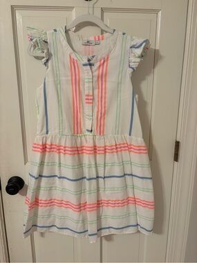 Vineyard Vines White Mini Dress with Neon Pink, Blue & Lime Stripes